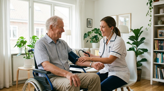 Eine engagierte Pflegekraft misst den Blutdruck eines älteren Herrn im Rollstuhl in seinem hellen Wohnzimmer. Beide lächeln sich freundlich an. Professionelle, fürsorgliche Atmosphäre, sauberes und aufgeräumtes Umfeld.
