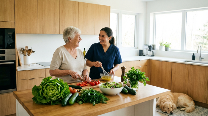 Eine Betreuungskraft und eine Seniorin bereiten gemeinsam in einer modernen Küche einen frischen Salat zu. Frisches Gemüse liegt auf der Arbeitsplatte. Harmonisches, familiäres Miteinander, helles Licht, realistische Szene.