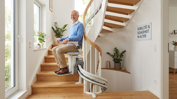 Ein glücklicher Senior fährt mühelos mit einem modernen Treppenlift eine geschwungene Holztreppe hinauf. Er lächelt entspannt. Helles, aufgeräumtes Treppenhaus in einem Einfamilienhaus. Fokus auf Sicherheit und Mobilität im Alter.
