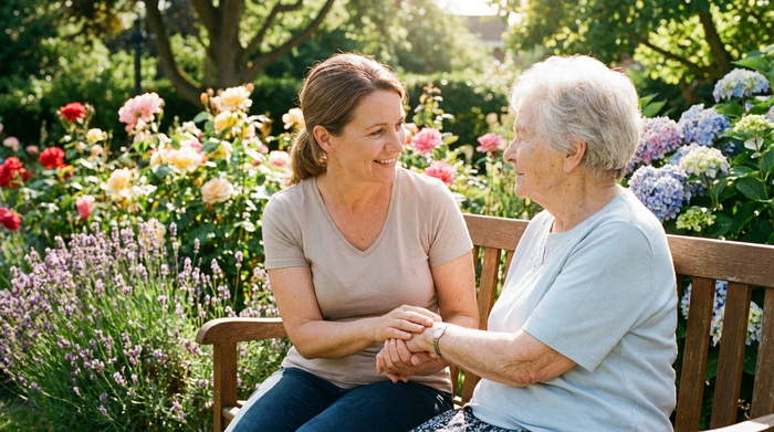 Eine liebevolle Pflegerin hält sanft die Hände einer älteren Frau. Beide sitzen in einem gepflegten, sonnigen Garten mit bunten Blumen. Entspannte, vertrauensvolle Stimmung, realistische Fotografie, keine Schriftzüge.