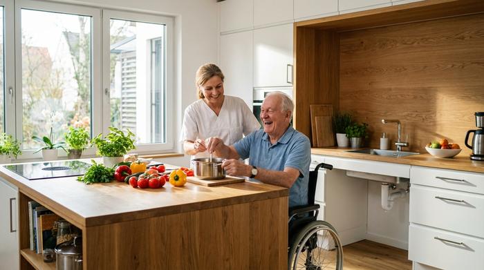 Eine engagierte Betreuungskraft kocht gemeinsam mit einem fröhlichen Senior in einer modernen, barrierefreien Küche. Frisches Gemüse auf dem Tisch, helles Tageslicht, familiäre und unterstützende Atmosphäre.