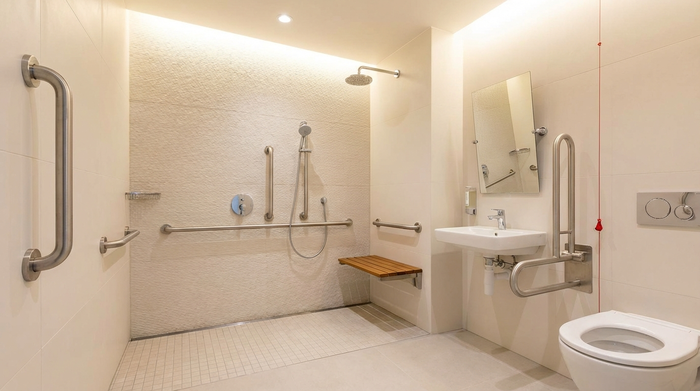 Ein modern und barrierefrei umgebautes Badezimmer. Eine geräumige, bodengleiche Dusche mit rutschfesten Fliesen und stabilen Haltegriffen an den hellen Wänden. Der Raum ist gut erleuchtet, sauber und bietet maximale Sicherheit für Senioren.