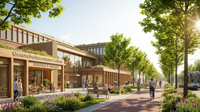 Eine Außenansicht eines modernen, freundlichen Gesundheitszentrums in Cottbus an einem sonnigen Tag. Menschen gehen entspannt spazieren, grüne Bäume säumen den Gehweg.