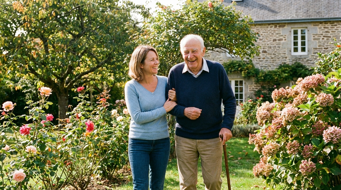 Eine liebevolle Pflegekraft unterstützt einen lächelnden Senior beim Spaziergang im eigenen Garten. Helles Tageslicht, gepflegte Pflanzen, harmonisches Miteinander.