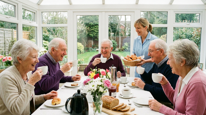 Eine Gruppe fröhlicher Senioren sitzt gemeinsam an einem liebevoll gedeckten Frühstückstisch in einem lichtdurchfluteten Raum. Sie trinken Kaffee aus weißen Tassen und lachen miteinander, während eine freundliche Betreuungskraft im Hintergrund frisches Gebäck anreicht.