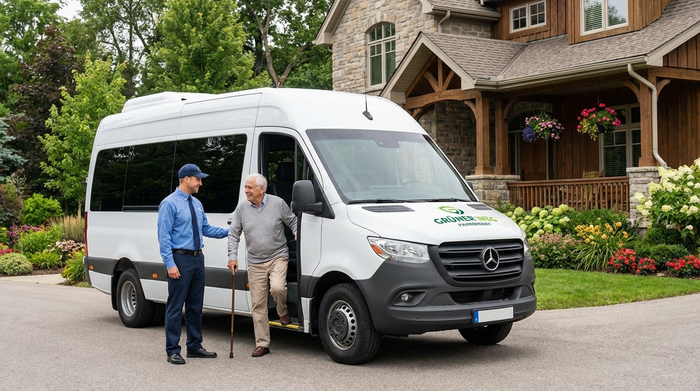 Ein moderner, weißer Kleinbus parkt vor einem gepflegten Einfamilienhaus im Grünen. Ein älterer Herr mit Gehstock wird von einem hilfsbereiten Fahrer in blauer Uniform freundlich begrüßt und sicher zum Fahrzeug begleitet.