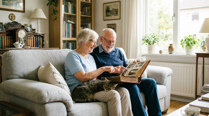 Ein älteres Ehepaar sitzt entspannt auf einem bequemen, hellgrauen Sofa im heimischen Wohnzimmer. Sie schauen sich gemeinsam ein altes Fotoalbum an und lächeln. Die Stimmung ist harmonisch, ruhig und völlig stressfrei.