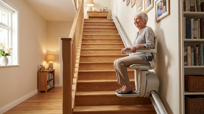 Eine ältere Dame fährt sicher und entspannt auf einem modernen Treppenlift eine gut beleuchtete Holztreppe in ihrem eigenen Haus hinauf. Sie lächelt zufrieden und hält sich sicher an der gepolsterten Armlehne fest.