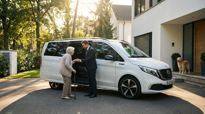 Ein moderner, weißer Kleinbus mit geöffneter Seitentür steht in einer sonnigen Einfahrt. Ein geduldiger Fahrer reicht einer älteren Dame höflich die Hand, um ihr beim Einsteigen zu helfen.