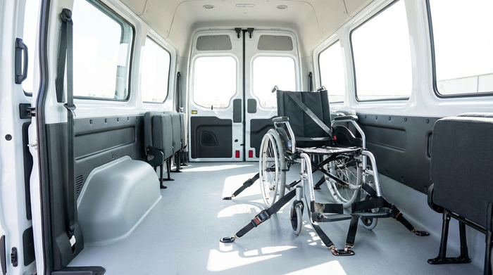 Ein geräumiger Fahrzeuginnenraum eines Kleinbusses. Ein Rollstuhl ist fachgerecht und sicher mit speziellen Gurten am Boden verankert. Die Umgebung ist hell und sauber.