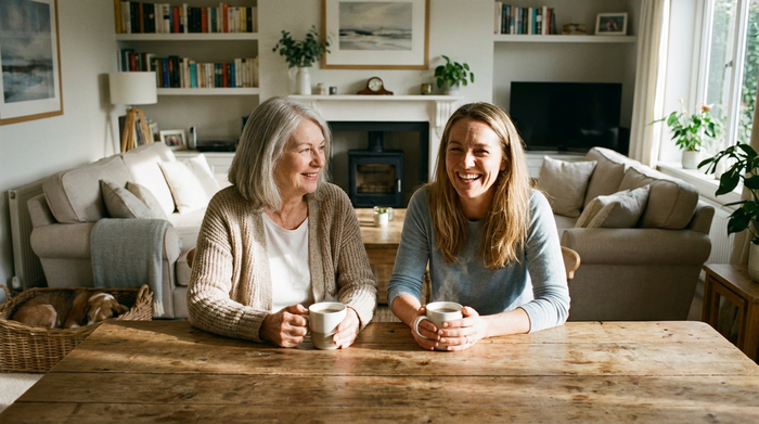 Eine ältere Dame und ihre Tochter sitzen entspannt an einem Holztisch bei einer Tasse Kaffee und lächeln. Im Hintergrund ein aufgeräumtes, gemütliches Wohnzimmer.