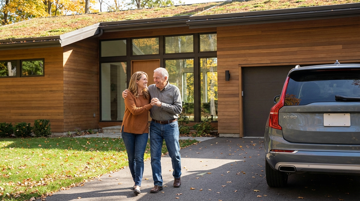 Eine erwachsene Tochter umarmt ihren älteren Vater liebevoll vor einem modernen Einfamilienhaus, bevor sie gemeinsam zu einem geparkten Auto gehen.