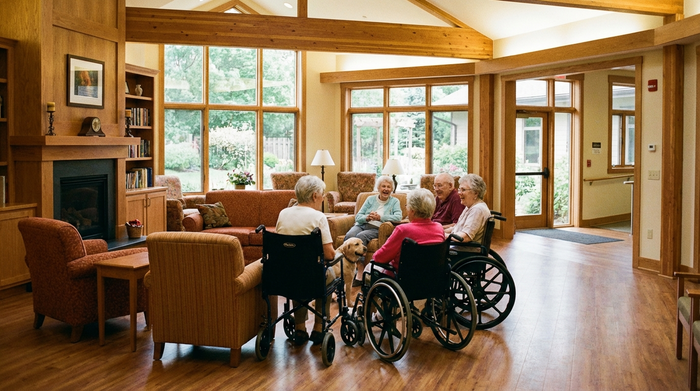 Ein barrierefreier, gemütlicher Gemeinschaftsraum mit bequemen Sesseln, warmen Holztönen und großen Fenstern. Ältere Menschen sitzen in einer kleinen Runde zusammen und unterhalten sich angeregt in einer entspannten Umgebung.