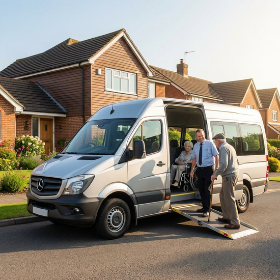 Ein moderner, rollstuhlgerechter Kleinbus steht an einem sonnigen Morgen vor einem gepflegten Einfamilienhaus. Ein freundlicher Fahrer hilft einem älteren Herrn mit Gehstock behutsam und geduldig beim Einsteigen.