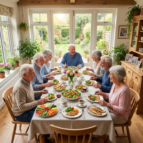 Senioren sitzen gemeinsam an einem liebevoll gedeckten Tisch beim Mittagessen. Frisches Gemüse auf den Tellern und helle, freundliche Räumlichkeiten schaffen eine einladende, familiäre Atmosphäre.