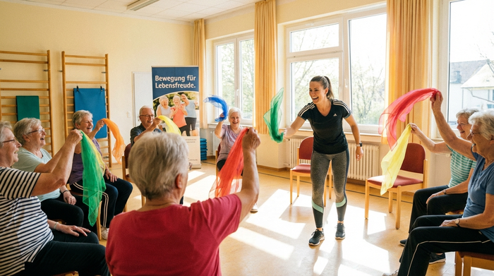 Eine Gruppe von Senioren sitzt im Kreis in einem hellen Gymnastikraum und macht leichte Bewegungsübungen mit bunten Tüchern. Eine motivierte Betreuungskraft in bequemer Kleidung macht die Übungen freudig vor.