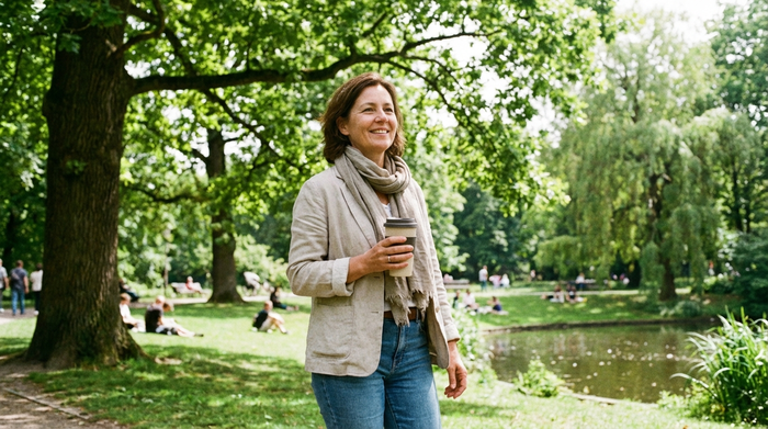 Eine entspannte Frau mittleren Alters spaziert lächelnd durch einen grünen Park, während sie einen Kaffee in der Hand hält. Sie wirkt erholt und genießt sichtlich den ruhigen Moment an der frischen Luft.