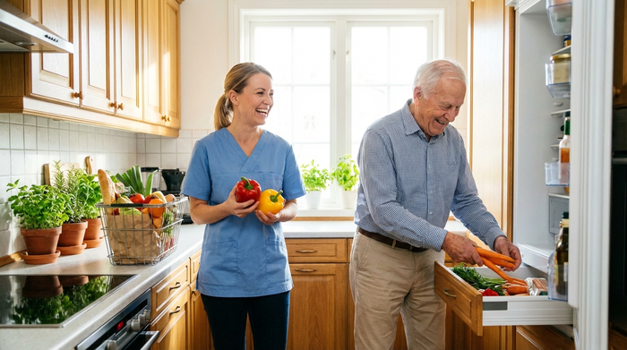 Eine engagierte Alltagsbegleiterin hilft einem älteren Herrn beim Einräumen von frischem Gemüse in die Küche. Helle, saubere Umgebung, realistische Szene ohne Text.