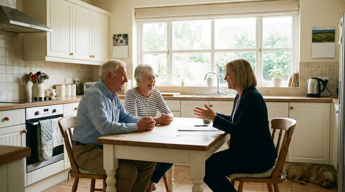 Ein älteres Ehepaar sitzt entspannt am Küchentisch und bespricht sich mit einer freundlichen Beraterin. Helles Licht, aufgeräumte Atmosphäre, keine lesbaren Texte.