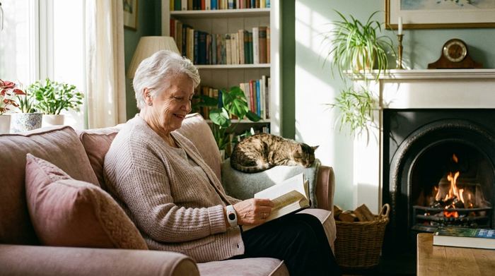 Eine ältere Dame mit einem unauffälligen Hausnotruf-Armband am Handgelenk liest entspannt ein Buch auf dem Sofa. Ruhige, sichere und gemütliche Wohnatmosphäre.