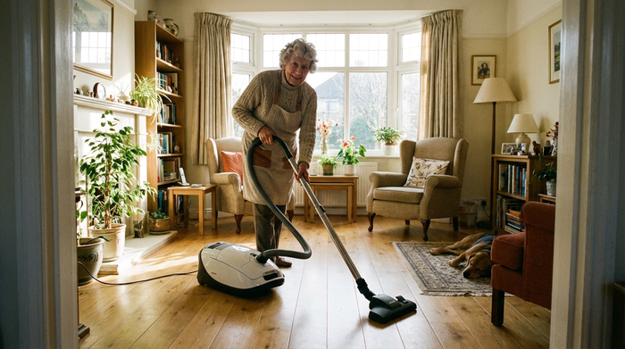 Eine rüstige ältere Dame saugt den hellen Holzboden in ihrem gemütlichen Wohnzimmer. Sonnenlicht fällt durch das Fenster, saubere und ordentliche Umgebung, realistische Fotografie.