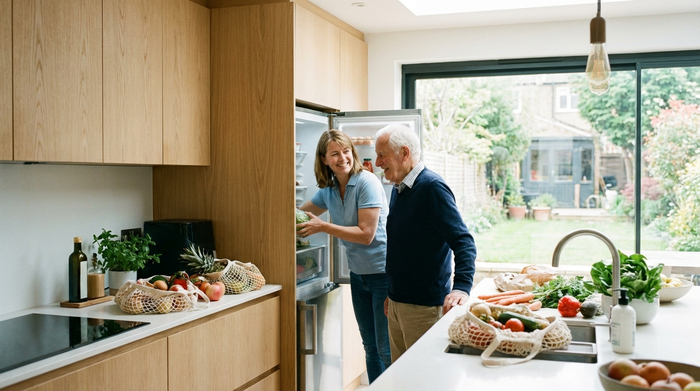 Eine fürsorgliche Seniorenbetreuerin hilft einem älteren Herrn beim Einräumen von frischen Lebensmitteln in den Kühlschrank. Helle, moderne Küche, beide lächeln, realistische Alltagsszene ohne Text.