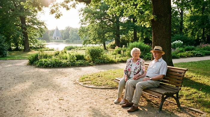 Ein älteres Ehepaar sitzt entspannt auf einer Parkbank im Branitzer Park in Cottbus, umgeben von grünen Bäumen und gepflegten Wegen. Friedliche, sonnige Stimmung, realistische Fotografie.