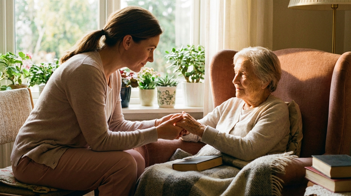 Eine geschulte Pflegekraft hält sanft die Hände einer älteren Patientin. Einfühlsame, beruhigende Geste in einem gemütlichen Sessel am Fenster. Warme Beleuchtung, Fokus auf Empathie und Vertrauen.