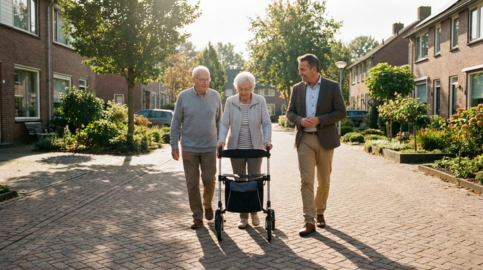 Ein Seniorenpaar läuft sicher mit einem Rollator über einen gepflasterten Weg in einer ruhigen Wohnsiedlung. Ein freundlicher Berater begleitet sie aufmerksam. Helles Tageslicht, realistische Szene.
