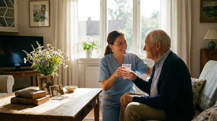 Eine liebevolle Pflegekraft reicht einem älteren Herrn ein Glas Wasser im heimischen, lichtdurchfluteten Wohnzimmer. Beide lächeln sich freundlich an, im Hintergrund stehen frische Blumen auf einem Holztisch.