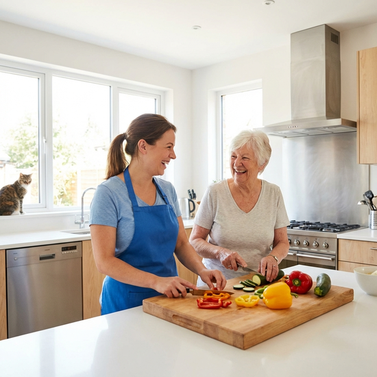 Eine Betreuungskraft kocht gemeinsam mit einer Seniorin in einer sauberen, modernen Küche. Sie schneiden frisches Gemüse auf einem Holzbrett, die Stimmung ist fröhlich und entspannt.