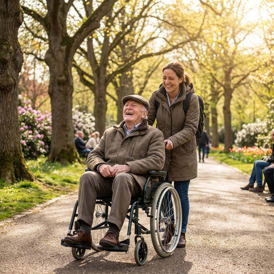 Ein älterer Herr im Rollstuhl wird von einer Pflegekraft bei einem Spaziergang durch einen grünen, sonnigen Park geschoben. Beide genießen die frische Luft und die Natur.