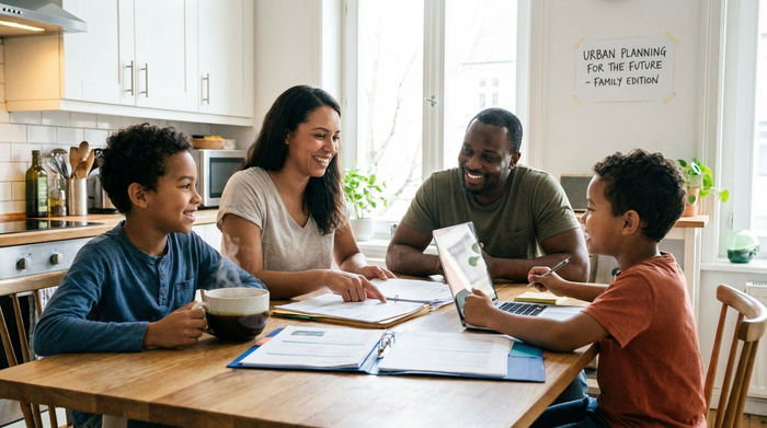 Eine Familie sitzt mit Dokumenten an einem Küchentisch und bespricht entspannt die Unterlagen. Eine Tasse Kaffee steht bereit, die Atmosphäre ist positiv und lösungsorientiert.