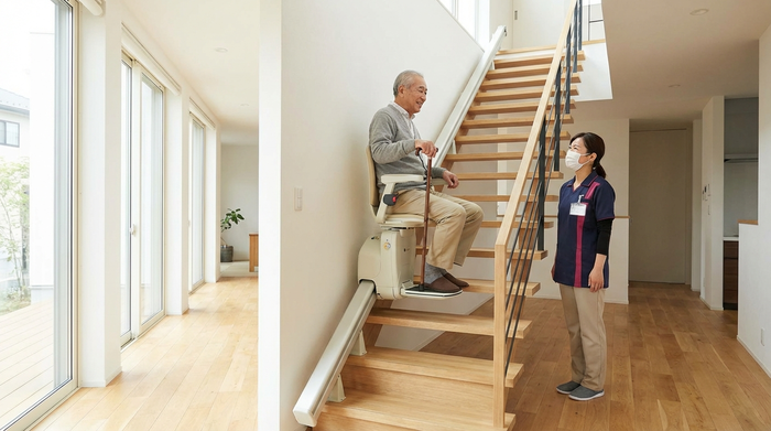 Ein moderner, unauffälliger Treppenlift in einem hellen Einfamilienhaus. Ein zufriedener Senior fährt sicher und komfortabel die Treppe hinauf, während eine Pflegekraft unten aufmerksam zuschaut.