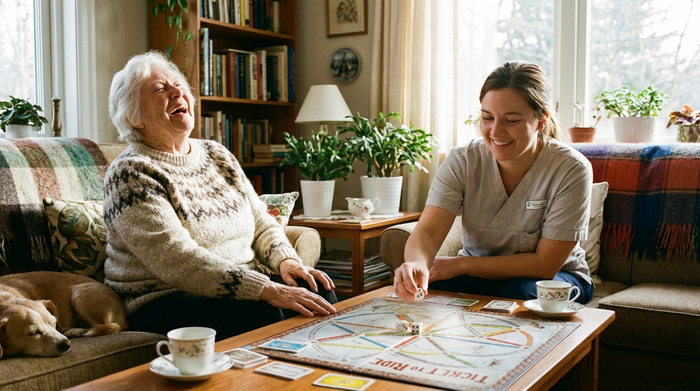 Zwei Frauen spielen an einem gemütlichen Nachmittag ein Brettspiel am Couchtisch. Die ältere Dame lacht herzlich, während die jüngere Pflegekraft würfelt. Harmonische, häusliche Szene.