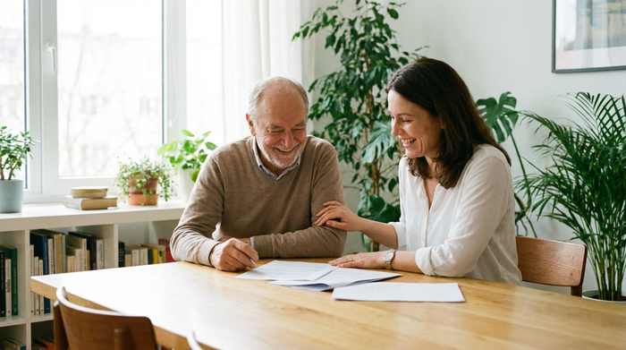 Ein freundliches Beratungsgespräch an einem hellen Holztisch. Ein älterer Herr und eine Beraterin schauen gemeinsam auf Dokumente. Entspannte, vertrauensvolle Atmosphäre, natürliches Licht, realistischer Fotostil, keine Schriftzüge.