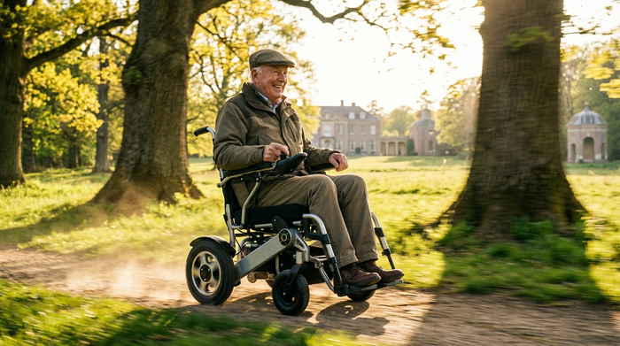 Ein älterer Mann fährt glücklich mit einem modernen elektrischen Rollstuhl durch einen grünen, sonnigen Park mit großen Bäumen. Im Hintergrund unscharf eine historische Parkanlage. Realistische Szene, dynamisch, sonniges Wetter, keine Texte.