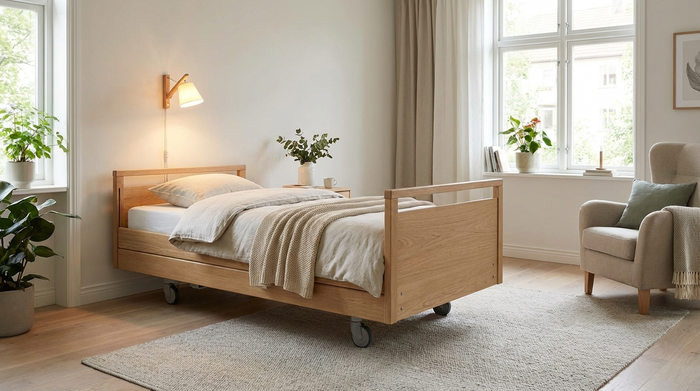 Ein helles, aufgeräumtes Schlafzimmer mit einem modernen, wohnlichen Pflegebett aus hellem Holz. Eine sanfte Leselampe leuchtet. Frische Bettwäsche, gemütliche Atmosphäre, keine medizinische Krankenhaus-Optik.