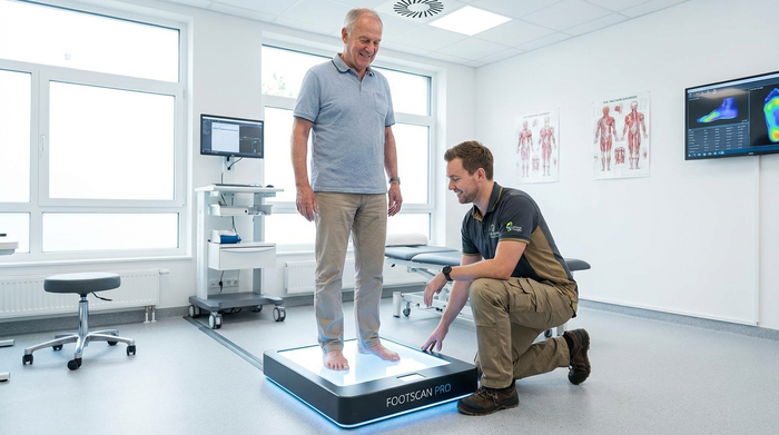Eine moderne, digitale Fußmessplatte leuchtet in einem hellen, sauberen Raum. Ein älterer Herr steht entspannt darauf, während ein freundlicher Techniker in Arbeitskleidung daneben kniet und den Fuß betrachtet. Professionelles medizinisches Umfeld.