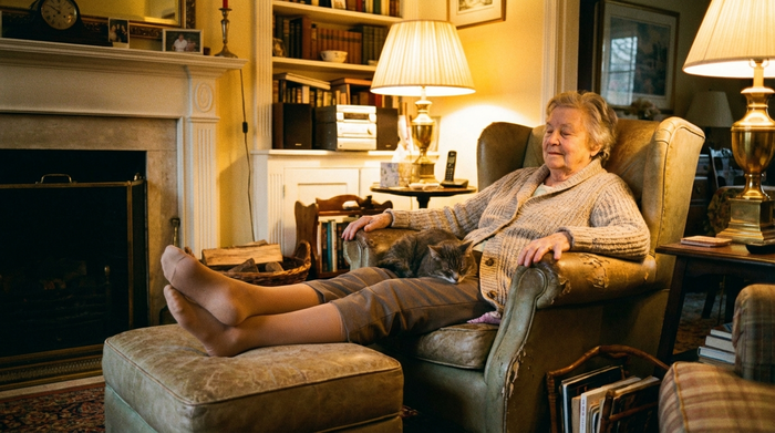 Eine ältere Dame sitzt entspannt auf einem Sessel und legt ihre Beine hoch. Sie trägt gut sitzende, hautfarbene Kompressionsstrümpfe. Gemütliches Wohnzimmer, warmes Licht, realistisch.