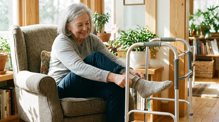 Ein metallisches Anziehgestell für Strümpfe steht griffbereit neben einem bequemen Sessel. Eine ältere Person nutzt das Gestell mühelos, um einen Strumpf über den Fuß gleiten zu lassen. Heller Raum, fokussiert auf die Handlung.