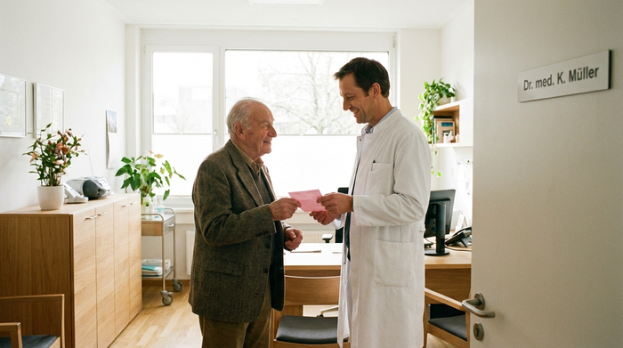 Ein älterer Herr sitzt im Behandlungszimmer eines Arztes. Der Arzt in weißem Kittel überreicht ihm lächelnd ein rosafarbenes Rezept. Helle, saubere Praxisumgebung, Tageslicht.