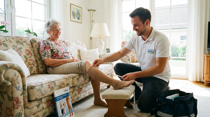 Ein freundlicher Sanitätshaus-Mitarbeiter kniet im hellen Wohnzimmer einer älteren Dame und misst mit einem Maßband ihr Bein für Kompressionsstrümpfe ab. Die Dame sitzt bequem auf einem Sofa.