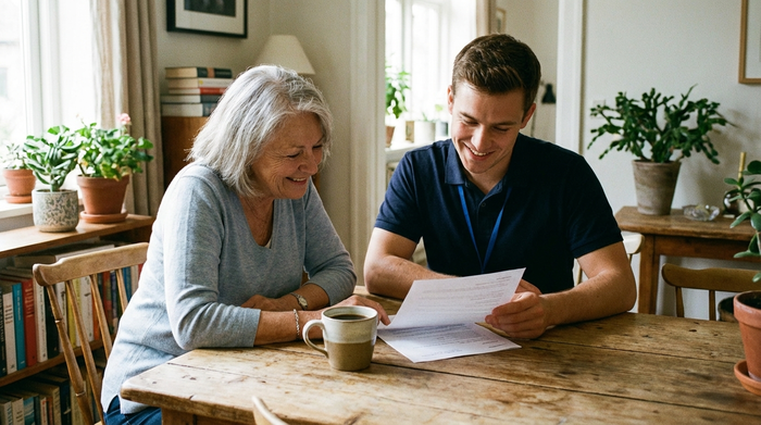 Eine ältere Frau und ein jüngerer Pflegeberater sitzen an einem Holztisch und schauen gemeinsam auf verschiedene Dokumente. Eine Tasse Kaffee steht auf dem Tisch. Entspannte, vertrauensvolle Stimmung.