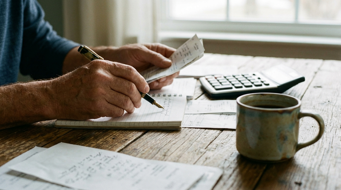 Eine Nahaufnahme von Händen, die mit einem Stift auf einem Notizblock Rechnungen und Dokumente sortieren. Ein Taschenrechner und eine Kaffeetasse stehen daneben auf einem Holztisch. Klarer Fokus, weiches Licht, keine lesbaren Texte.