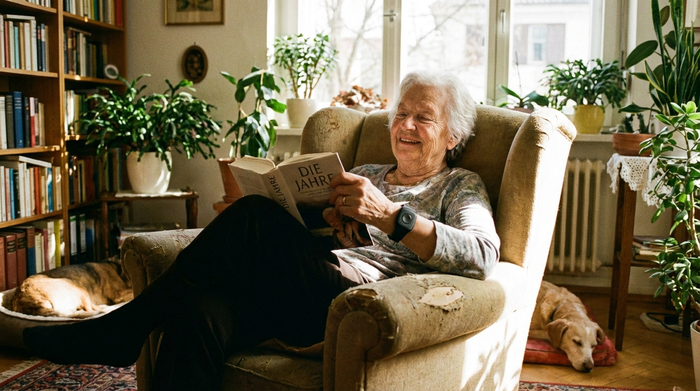 Eine ältere Frau sitzt entspannt in einem komfortablen Sessel in ihrem Wohnzimmer und liest ein Buch. An ihrem Handgelenk trägt sie ein modernes Notruf-Armband. Warme, sichere Umgebung mit Zimmerpflanzen im Hintergrund.
