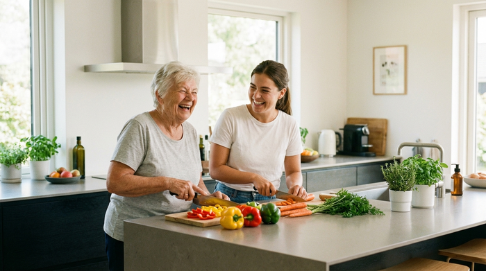 Zwei Frauen, eine jüngere Betreuerin und eine ältere Seniorin, kochen gemeinsam in einer modernen, aufgeräumten Küche. Sie schneiden frisches Gemüse und lachen. Lebendige, harmonische Alltagsszene ohne Text.
