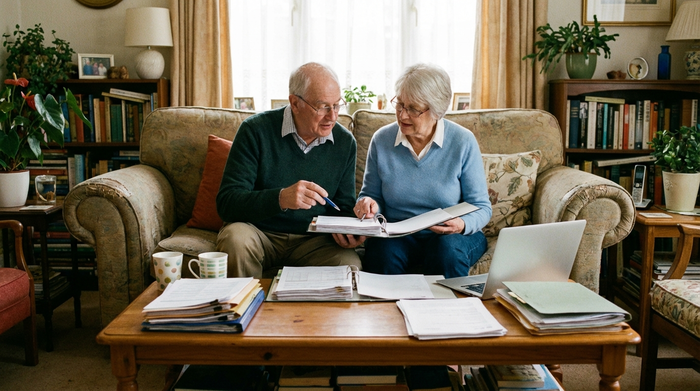 Ein Ehepaar im Rentenalter sitzt auf einem Sofa und bespricht konzentriert Unterlagen in einer Mappe. Auf dem Wohnzimmertisch liegen übersichtlich sortierte Dokumente. Freundliche, entschlossene Stimmung in einem gemütlichen Wohnzimmer.