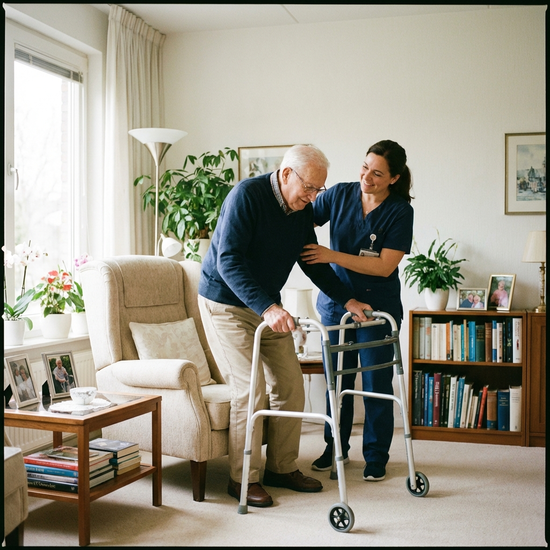 Eine fürsorgliche Pflegekraft hilft einem älteren Herrn behutsam beim Aufstehen aus einem bequemen Sessel im Wohnzimmer. Helle, aufgeräumte Umgebung, authentische und respektvolle Interaktion.