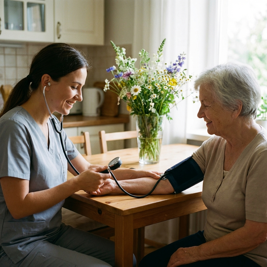 Eine medizinische Fachkraft misst den Blutdruck einer älteren Frau am Küchentisch. Im Hintergrund stehen frische Blumen in einer Vase. Fokussierte, ruhige Stimmung.